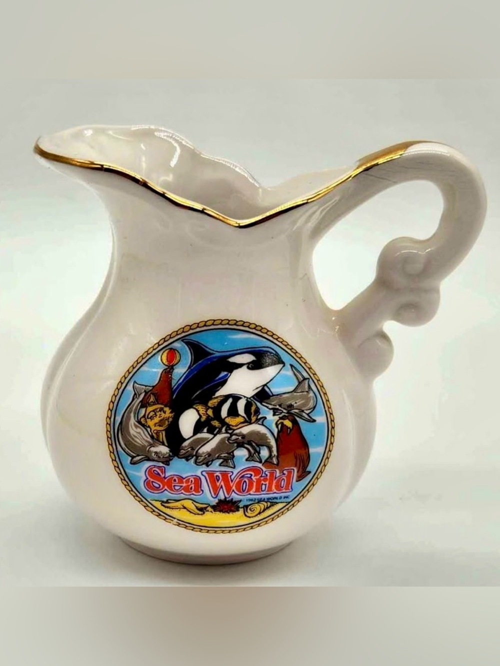 Vtg. Sea World White Mini Ceramic Pitcher Creamer w/ Gold Trim